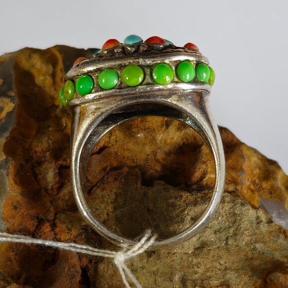 Barse Sterling Silver 925 Bezel Set Blue & Green Turquoise Coral Ring Size 7 - Picture 3 of 8